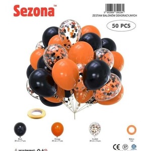 Balony czarne, pomarańczowe, konfetti 50szt