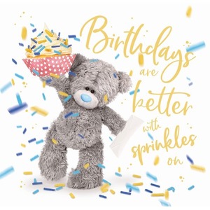 Karnet holograficzny 3D Miś niosący babeczkę