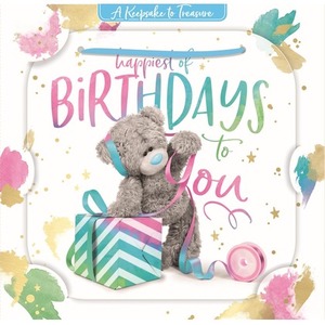 Karnet holograficzny 3D Miś pakujący prezent