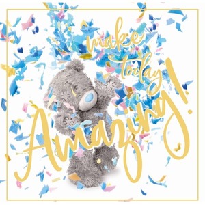 Karnet holograficzny 3D Miś rzucający konfetti