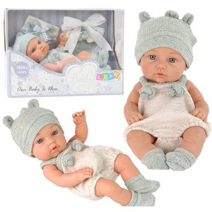 Lalka bobas szare ubranko czapeczka śliniak 18cm